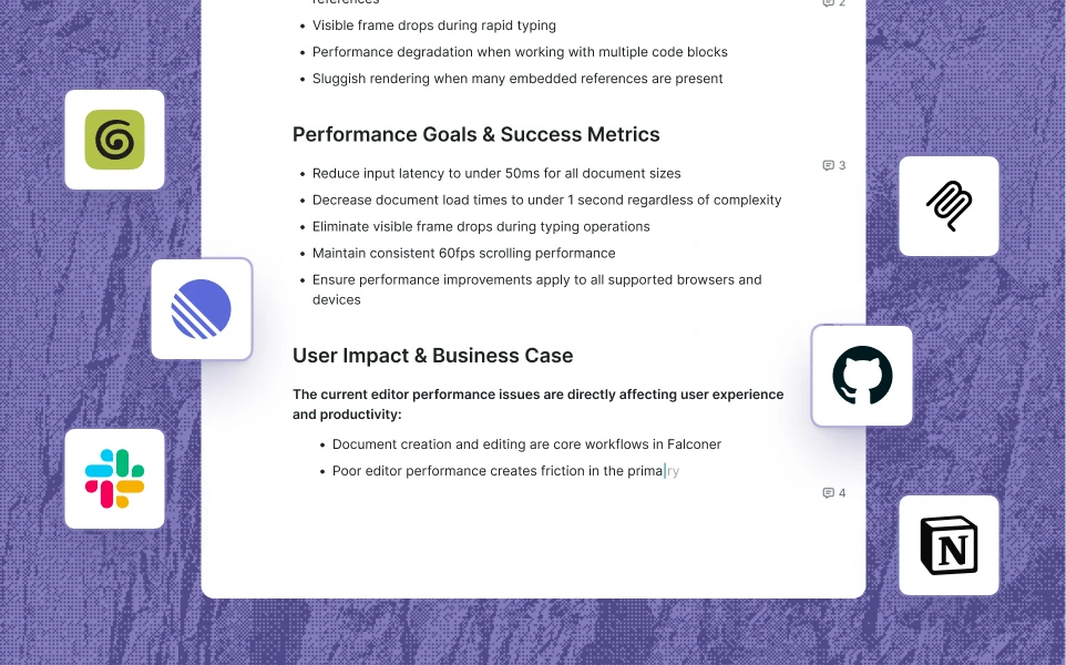 A document surrounded by connected sources like Slack, GitHub, Linear, and Notion