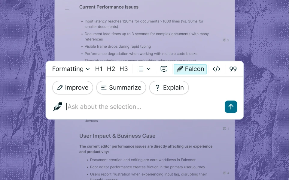 Inline AI toolbar over a selection with improve, summarize, and explain actions