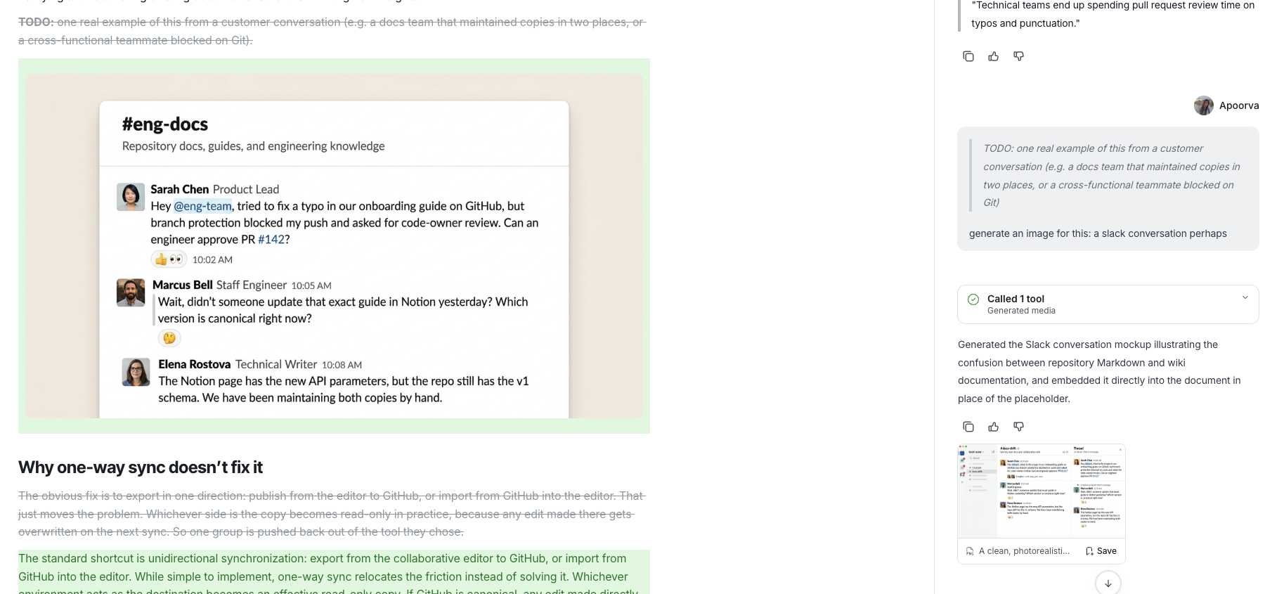 An existing article showing a generated image as a green proposed addition, with the agent's media result beside it