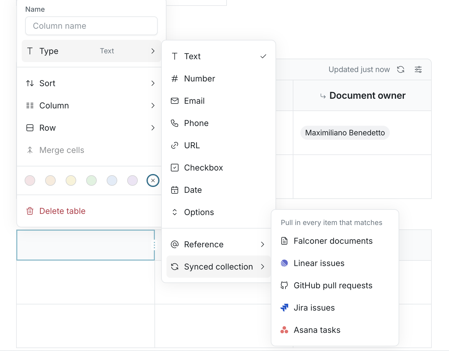 Choose a synced collection source from a table column and show a connected Document owner field