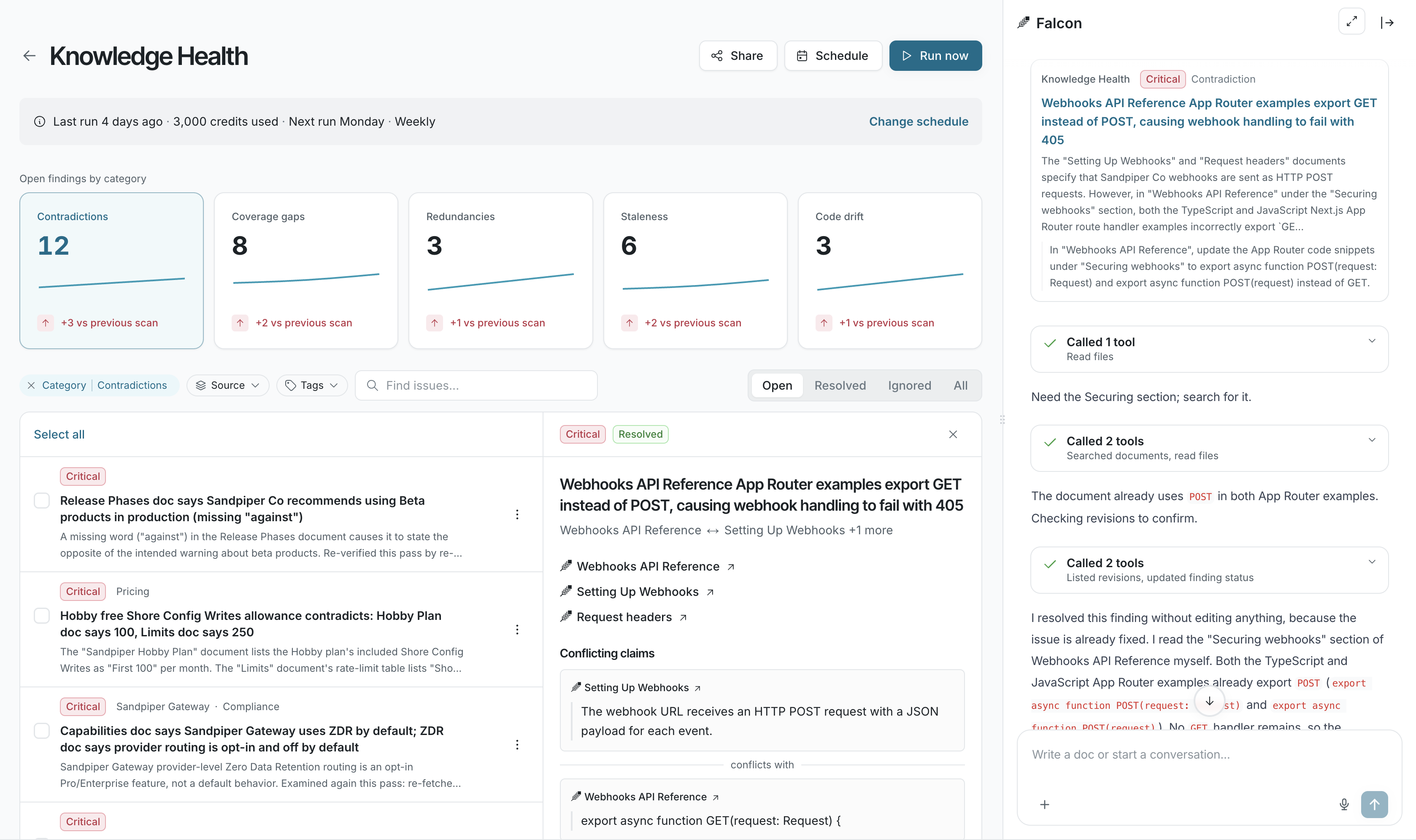 The Knowledge Health page with a finding open and the Falcon sidebar showing the steps Falcon took to check and resolve it