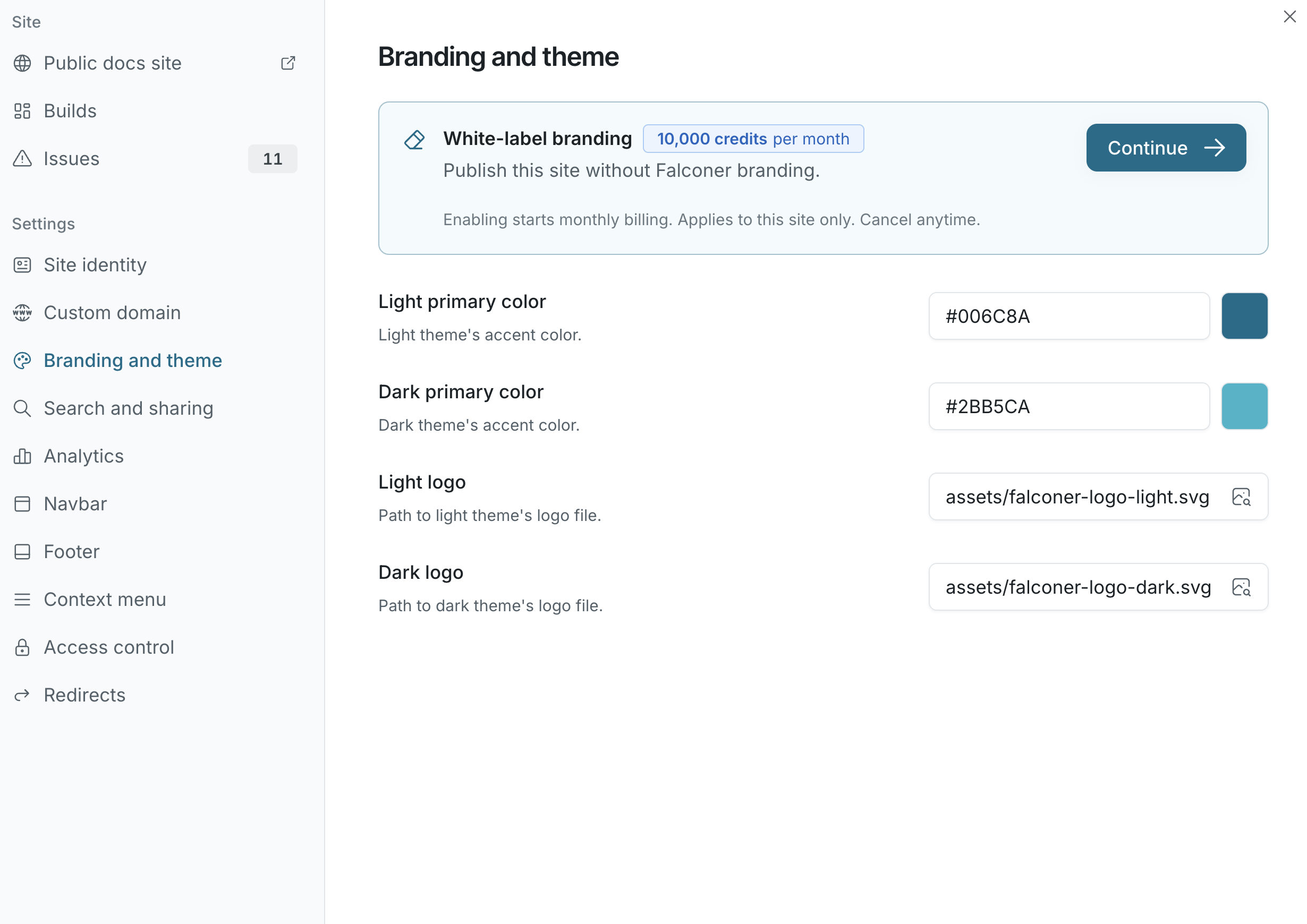 The Branding and theme section with the white-label option, primary colors, and logo paths