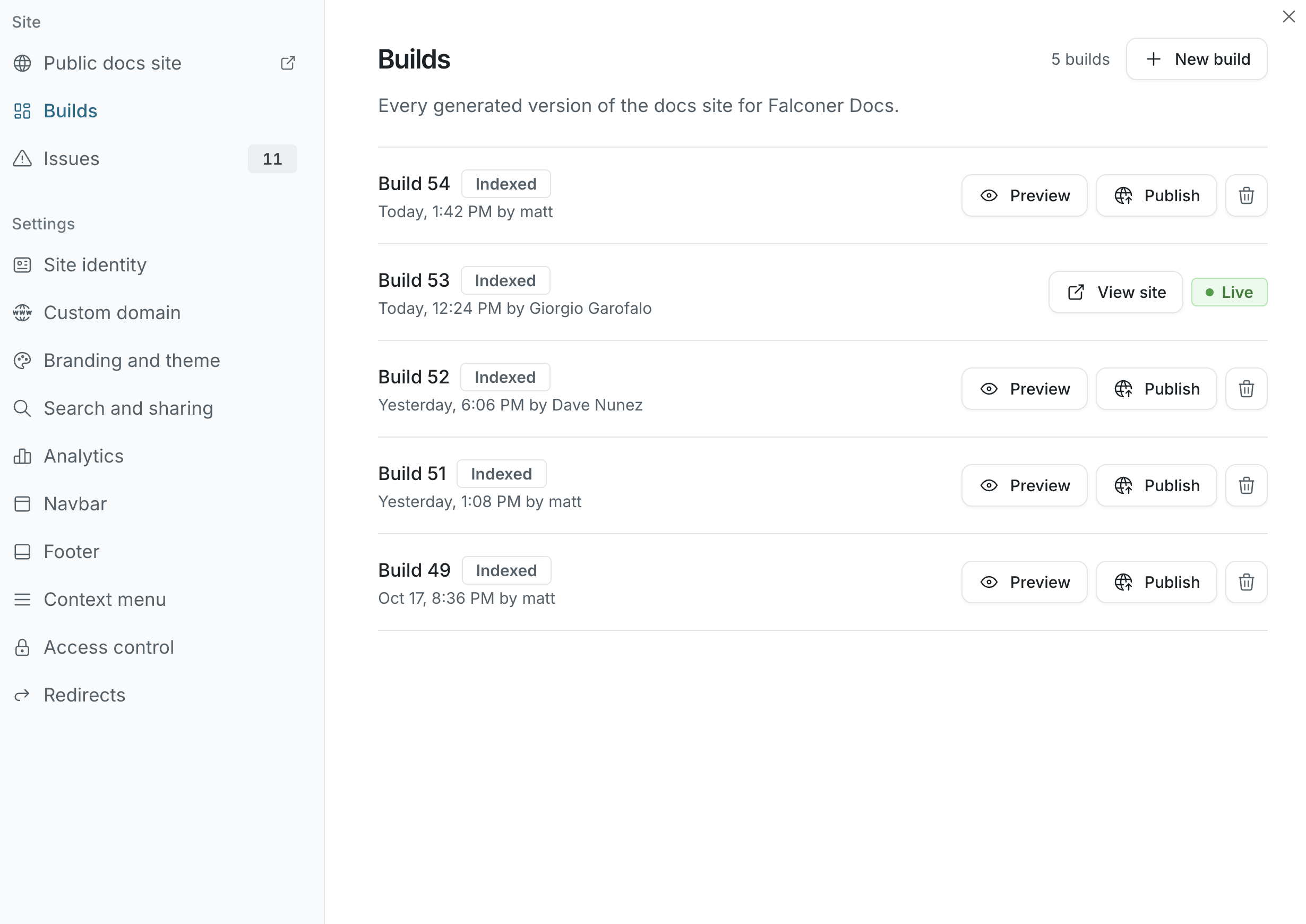 The Builds section listing numbered builds with Preview, Publish, and View site buttons