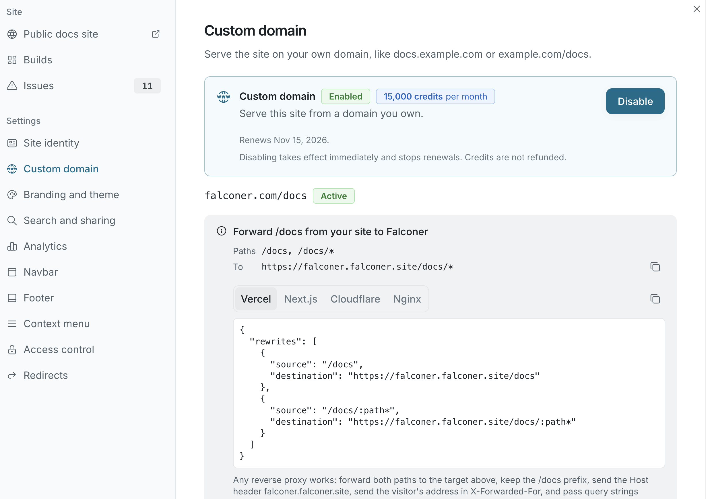 The Custom domain section showing an active path domain with the forwarding rule and proxy snippets