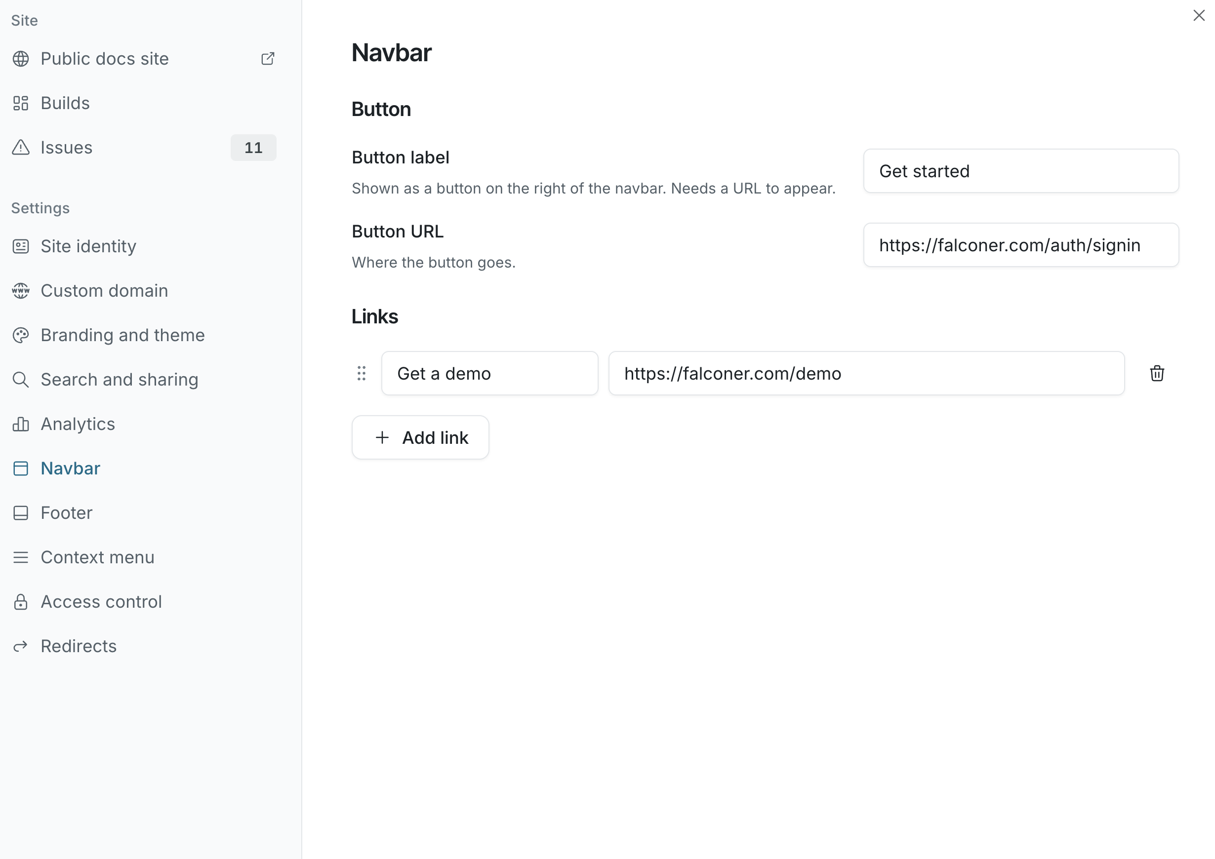 The Navbar section with the button label, button URL, and links