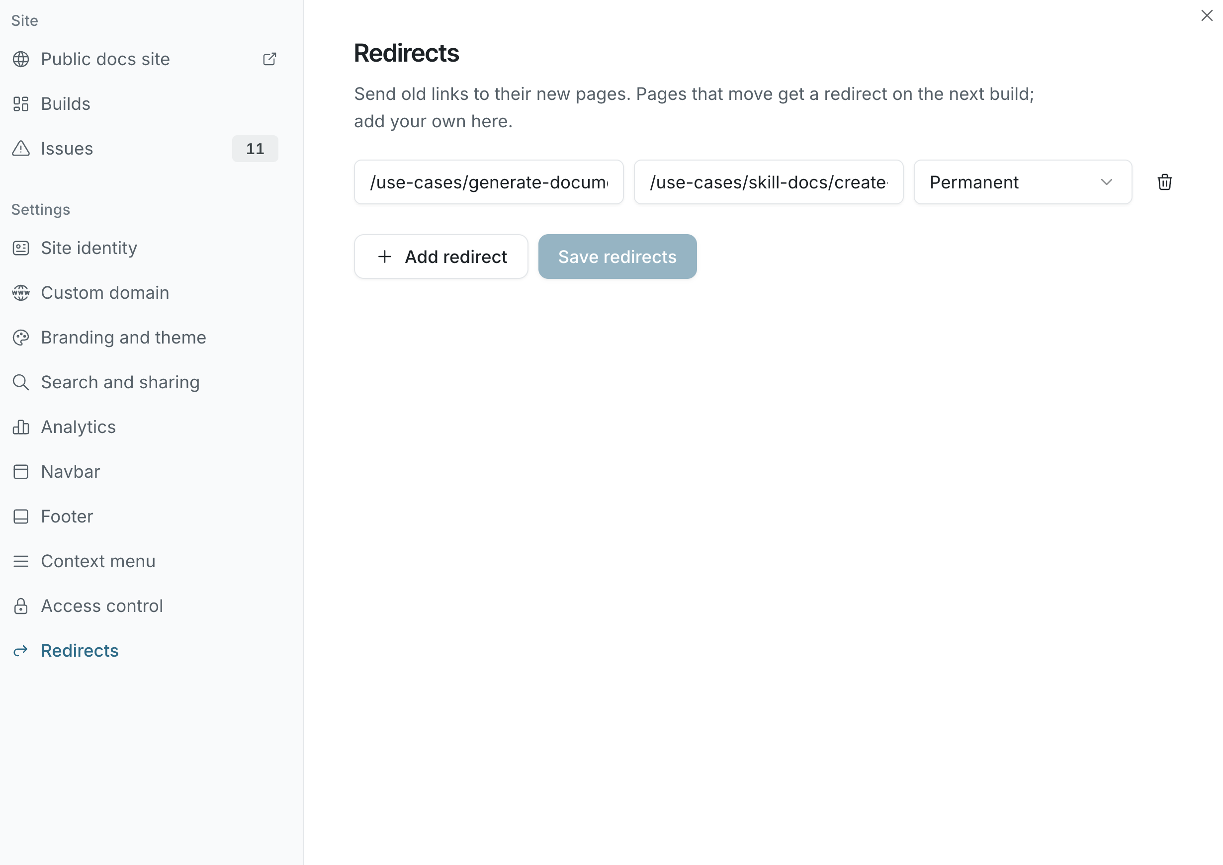 The Redirects section with a redirect row, Add redirect, and Save redirects