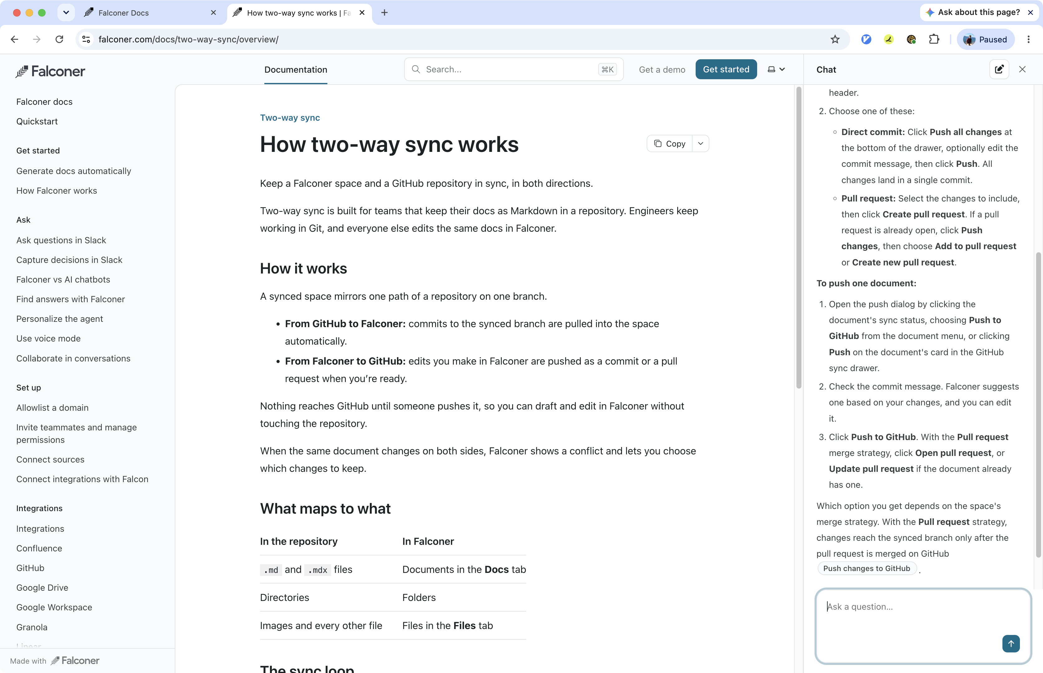 The published site with the Ask the docs panel open next to a page