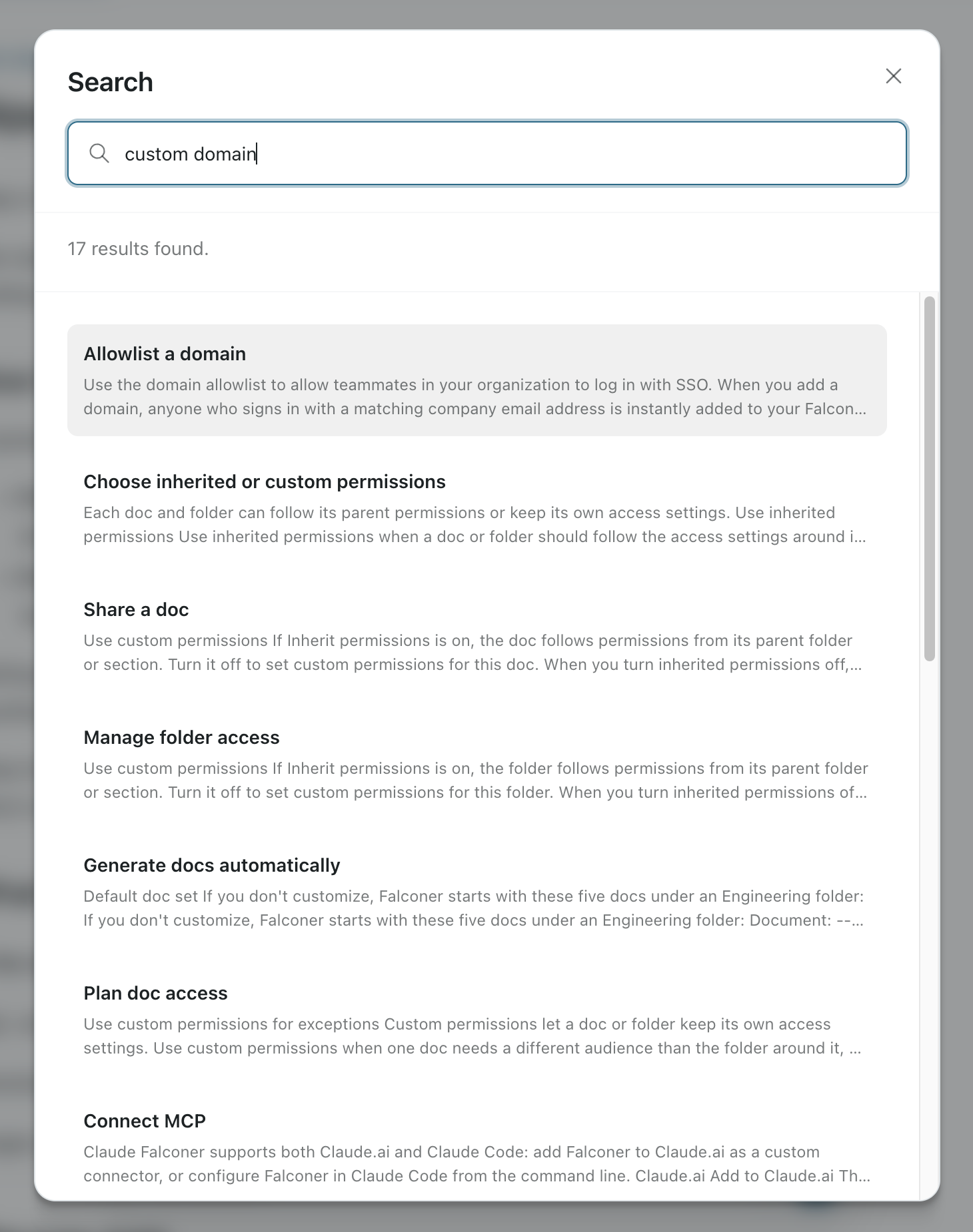 The site search dialog with results for a query