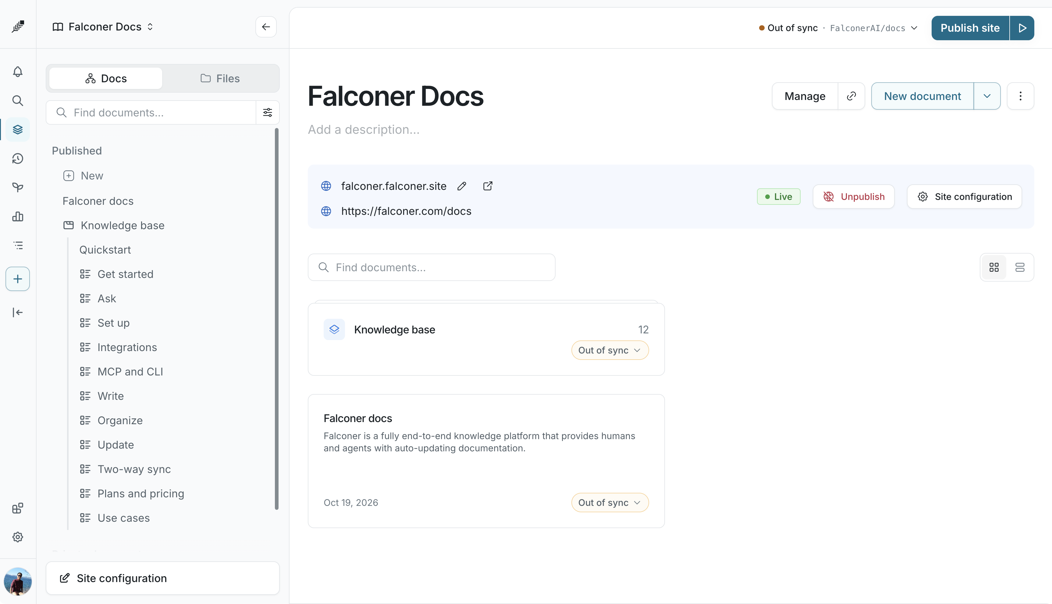 A space with a docs site, showing the site card with its address, Live status, and Site configuration