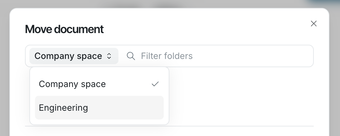 Move document dialog with the space picker open on Company space and Engineering