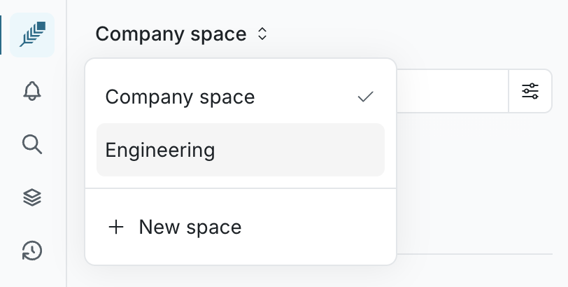 Space switcher open, listing Company space and Engineering above New space