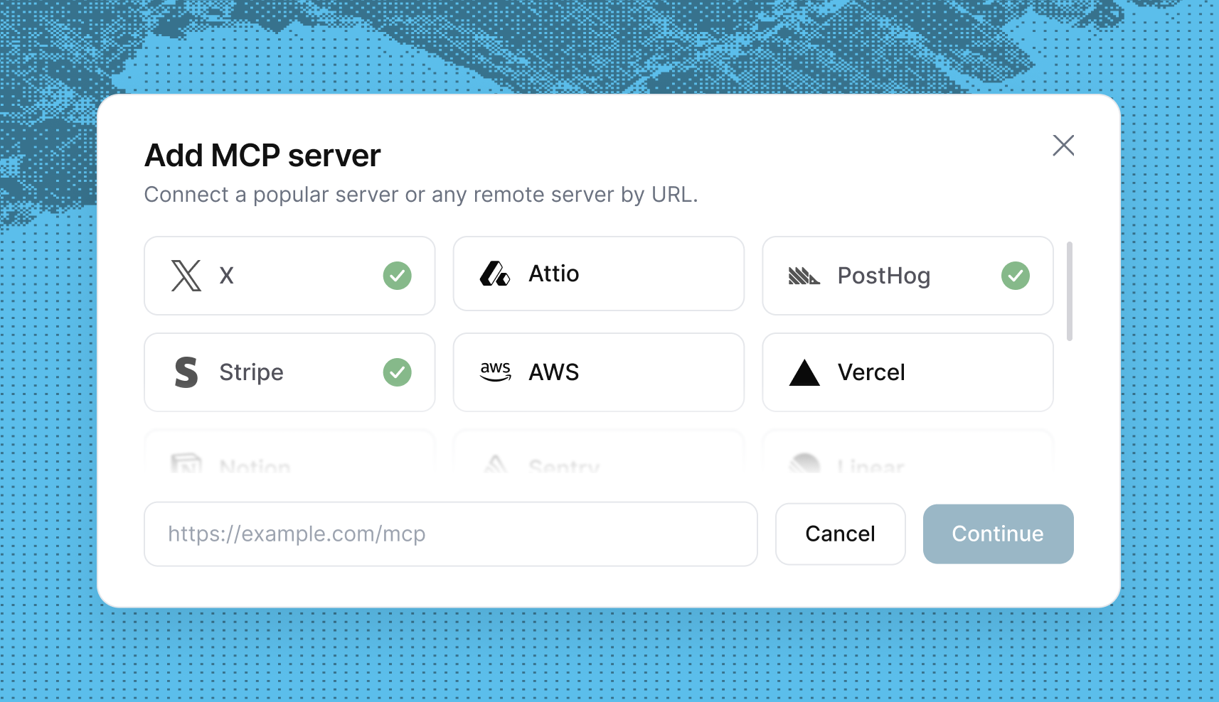 Add MCP server dialog with popular servers including X, Attio, PostHog, Stripe, AWS, and Vercel, plus a field to connect any remote server by URL