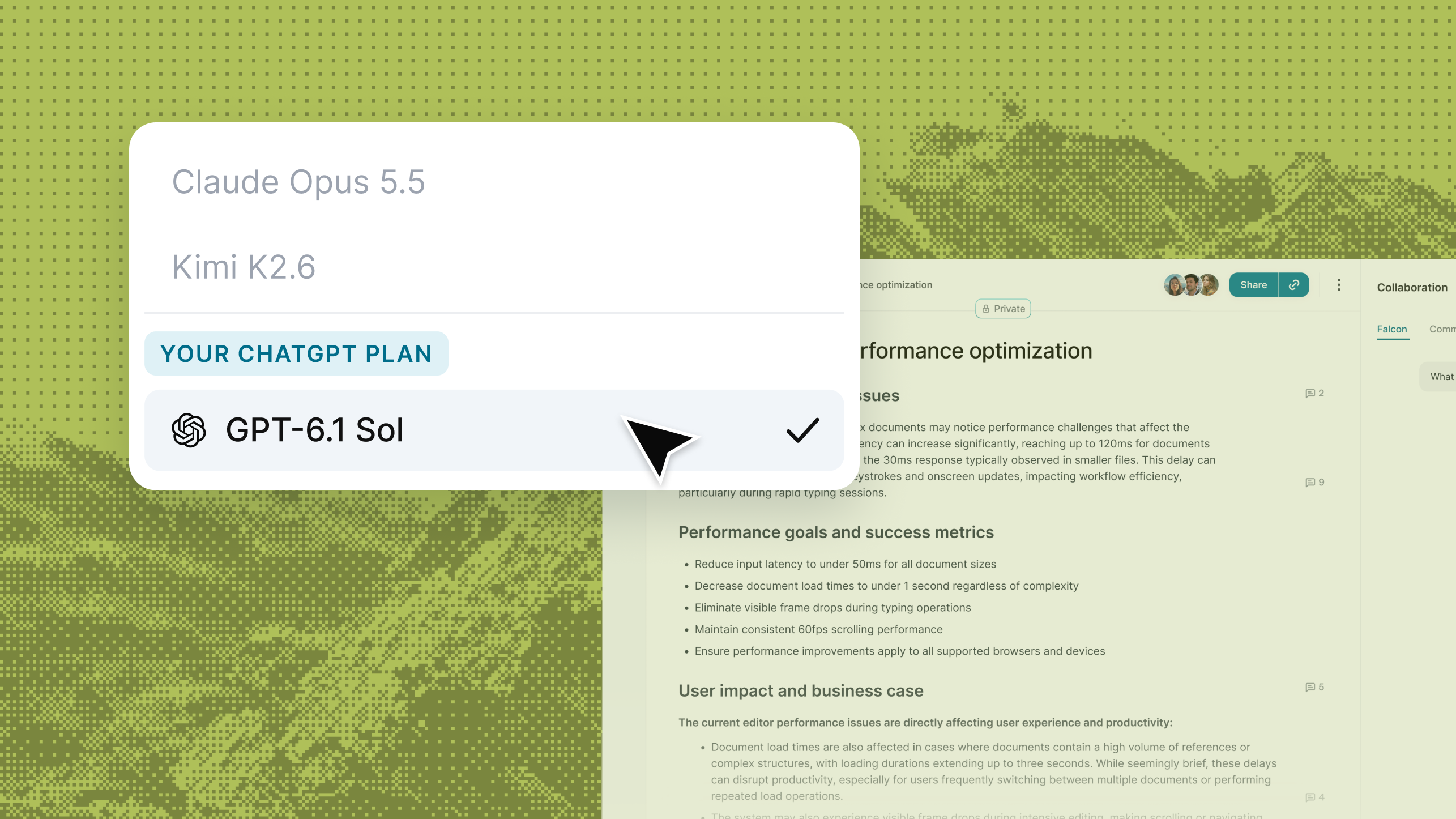 Falconer model picker with GPT-6.1 Sol selected under Your ChatGPT plan, below Claude Opus 5.5 and Kimi K2.6