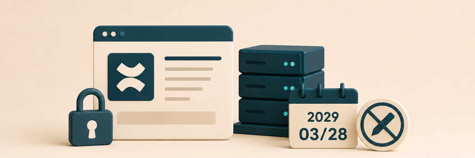 Confluence page beside stacked servers, a calendar reading 2029 03/28, a padlock, and a crossed-out pencil marking the read-only deadline