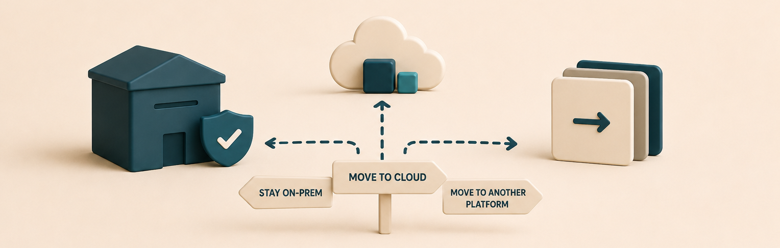 Signpost pointing three ways from Confluence Data Center - stay on-prem, move to cloud, or move to another platform