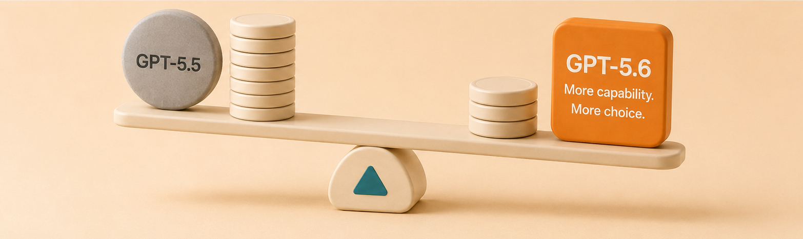GPT-5.5 and GPT-5.6 on a balance scale, with GPT-5.6 offering more capability and more choice