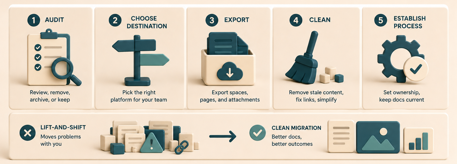 Five migration steps - audit, choose destination, export, clean, establish process - above a comparison of lift-and-shift versus clean migration