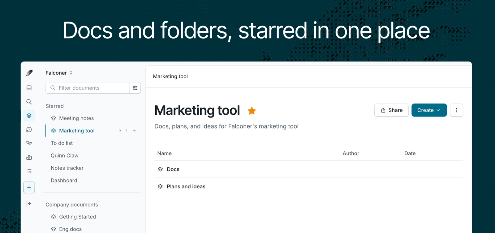 Falconer sidebar with documents and folders together in one expanded Starred section
