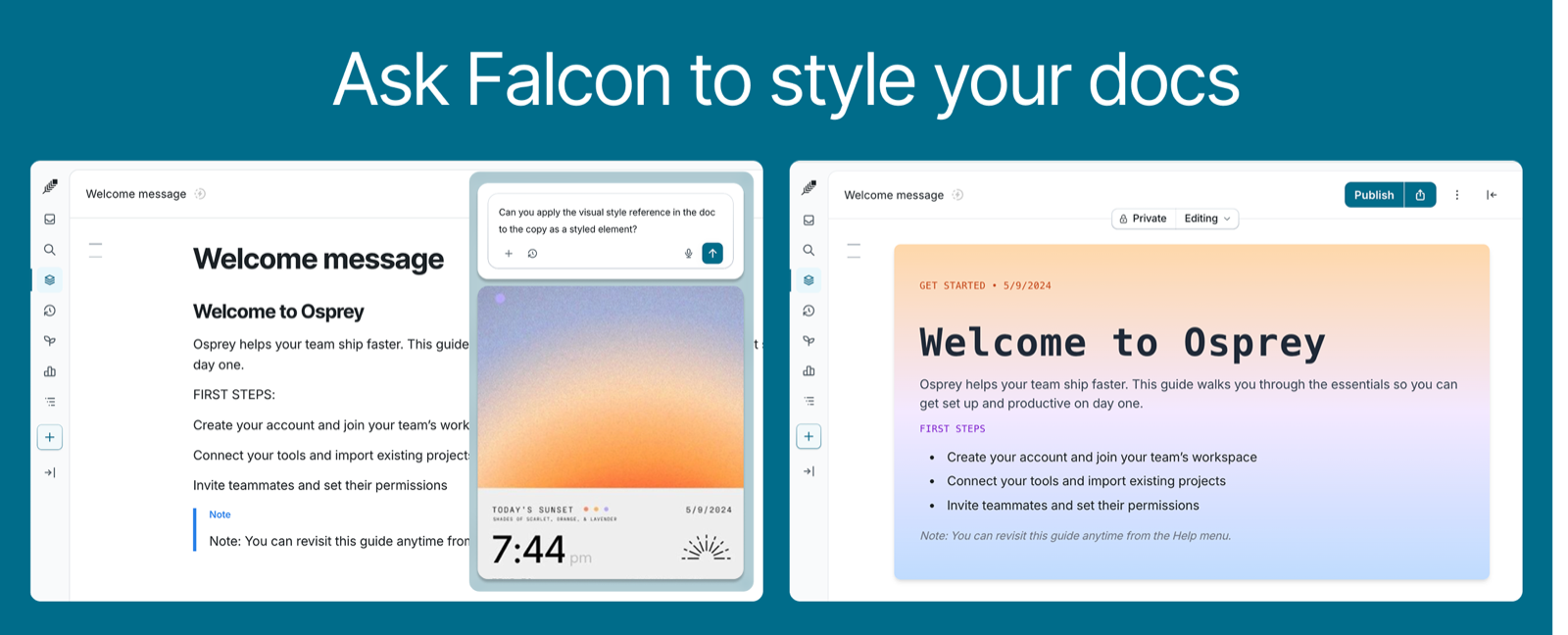 A plain Falconer doc beside the same doc restyled by Falcon with a colored heading, gradient background, and mono font